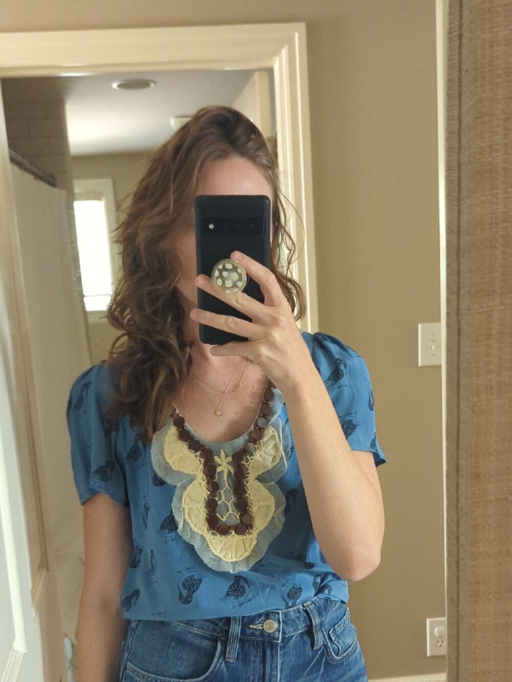 Corey Lynn Calter Silk Blue Bird-Print Scoop Neck Top with Cream Lace